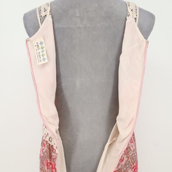 Free People Dress Womens 10 Maxi Ivory Red Pink Floral Lace Trim Lined Chiffon - Picture 12 of 13